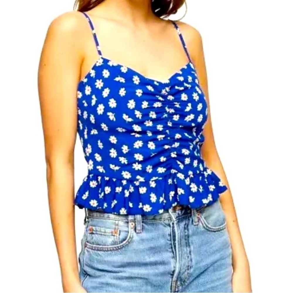 Topshop Size US 2 Ruched Peplum Camisole Blue Daisy Floral Cami